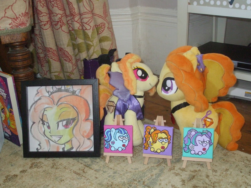 Size: 3488x2616 | Tagged: safe, artist:blazingdazzlingdusk, derpibooru import, adagio dazzle, aria blaze, sonata dusk, ponified, pony, equestria girls, rainbow rocks, boots, clothes, collection, custom, doll, equestria girls ponified, irl, merchandise, painting, photo, picture frame, plushie, shrine, the dazzlings, toy