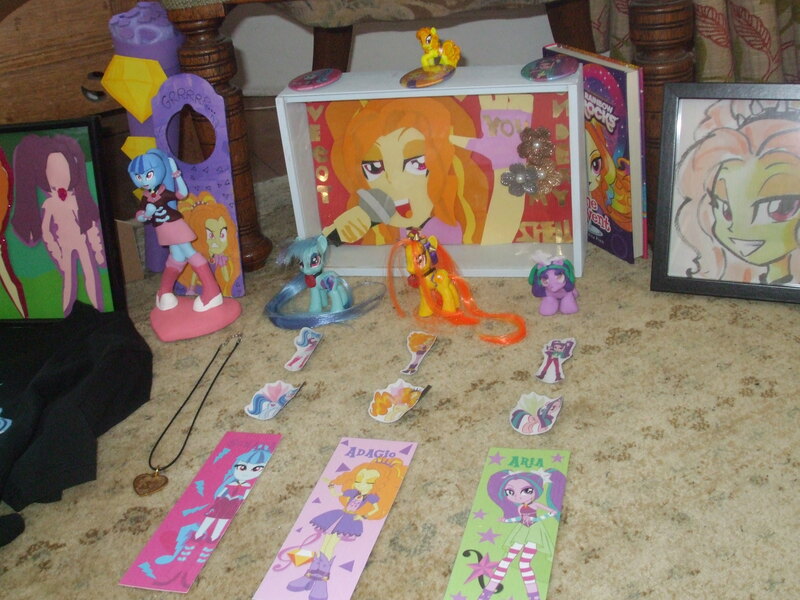 Size: 3488x2616 | Tagged: safe, artist:blazingdazzlingdusk, derpibooru import, adagio dazzle, aria blaze, sonata dusk, equestria girls, rainbow rocks, badge, blind bag, bookmark, boots, clothes, collection, custom, doll, figure, magnet, necklace, painting, picture frame, shadowbox, shirt, shrine, stage, the dazzlings, toy