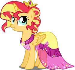 Size: 4308x4000 | Tagged: safe, artist:xebck, derpibooru import, sunset shimmer, alicorn, pony, equestria girls, absurd resolution, alicorn princess, alicornified, alternate hairstyle, alternate universe, clothes, crown, cute, dress, gala dress, grand galloping gala, race swap, shimmerbetes, shimmercorn, simple background, smiling, solo, transparent background, vector