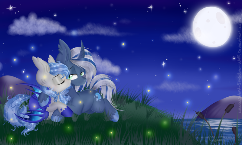 Size: 1023x614 | Tagged: safe, artist:silent-shadow-wolf, derpibooru import, oc, oc:coastal frost, oc:midnight radiance, unofficial characters only, bat pony, pony, moon, night