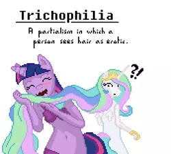 Size: 519x468 | Tagged: anthro, anthrofied, artist:sehad, belly button, big book of fetishes, blushing, bra, breasts, clothes, derpibooru import, drool, exclamation point, female, hair, hair pulling, interrobang, lesbian, panties, pixel art, princess celestia, purple underwear, question mark, shipping, simple background, suggestive, twilestia, twilight sparkle, underwear, white background