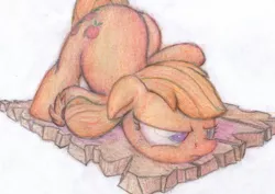 Size: 2000x1415 | Tagged: safe, artist:aemantaslim, derpibooru import, applejack, board, bored, colored pencil drawing, pun, solo, traditional art