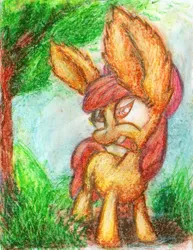 Size: 891x1154 | Tagged: apple bloom, artist:aemantaslim, derpibooru import, excited, impossibly large ears, oil pastel, safe, solo, traditional art, tree