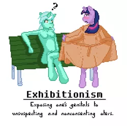 Size: 522x519 | Tagged: anthro, artist:sehad, barbie doll anatomy, bench, big book of fetishes, blushing, breasts, clothes, derpibooru import, exhibitionism, featureless breasts, female, fetish, flashing, lyra heartstrings, pixel art, simple background, sitting lyra, suggestive, trenchcoat, twilight sparkle, unguligrade anthro, we don't normally wear clothes, white background