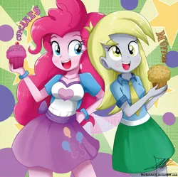 Size: 1039x1036 | Tagged: safe, artist:the-butch-x, derpibooru import, derpy hooves, pinkie pie, equestria girls, blushing, clothes, cupcake, cupcakes vs muffins, cute, diapinkes, female, food, green skirt, hand on hip, long hair, muffin, necktie, open mouth, shirt, signature, skirt, sunburst background