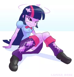 Size: 835x870 | Tagged: suggestive, artist:lamar_bone, derpibooru import, twilight sparkle, twilight sparkle (alicorn), alicorn, equestria girls, bowtie, breasts, clothes, dizzy, female, panties, panty shot, purple underwear, shoes, simple background, skirt, solo, solo female, underwear, upskirt, white background