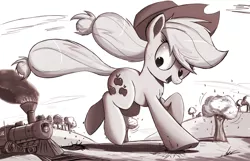 Size: 2000x1284 | Tagged: safe, artist:ncmares, derpibooru import, applejack, pony, cowboy hat, freckles, giant pony, giantess, hat, macro, monochrome, open mouth, race, running, signature, solo, stetson, train, tree