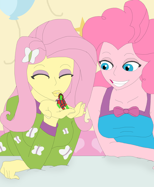 Size: 1928x2343 | Tagged: safe, artist:final7darkness, derpibooru import, fluttershy, pinkie pie, oc, equestria girls, rainbow rocks, bed, bedroom, bowtie, clothes, giantess, kissing, macro, pajamas, request, requested art, slumber party