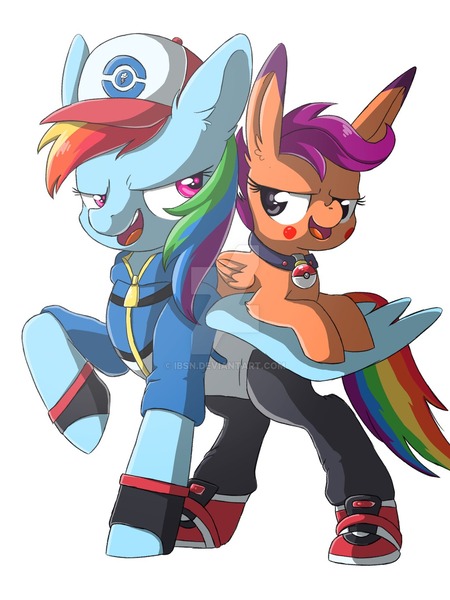 Size: 1024x1365 | Tagged: dead source, safe, artist:ibsn, derpibooru import, rainbow dash, scootaloo, pegasus, pikachu, pony, ash ketchum, clothes, collar, cosplay, costume, crossover, deviantart watermark, duo, female, long ears, obtrusive watermark, pokéball, watermark