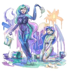 Size: 1280x1348 | Tagged: artist:king-kakapo, barefoot, bodypaint, bra, breasts, busty princess celestia, busty princess luna, cleavage, clothes, derpibooru import, duo, eyes closed, feet, female, females only, human, humanized, kneeling, light skin, messy, open mouth, paint, paintbrush, paint can, painting, paint in hair, panties, princess celestia, princess luna, string bikini, suggestive, underwear