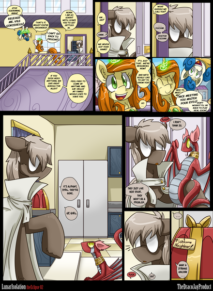 Size: 3000x4091 | Tagged: artist:dracojayproduct, cake, comic, comic:lunar isolation, derpibooru import, oc, oc:annabelle, oc:caroline, oc:eschar, oc:syril, safe, unofficial characters only, wyvern