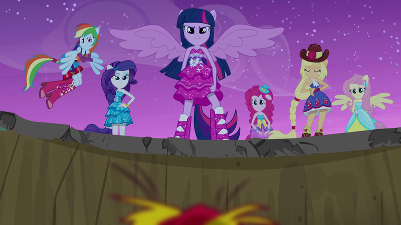 Size: 1600x900 | Tagged: safe, derpibooru import, screencap, applejack, fluttershy, pinkie pie, rainbow dash, rarity, sunset shimmer, twilight sparkle, equestria girls, boots, bracelet, fall formal outfits, hat, high heel boots, jewelry, mane six, ponied up, ponytail, top hat, wings