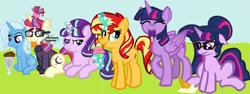 Size: 2791x1045 | Tagged: safe, artist:oneovertwo, derpibooru import, moondancer, sci-twi, starlight glimmer, sunset shimmer, trixie, twilight sparkle, twilight sparkle (alicorn), ponified, pony, equestria girls, :p, alternate hairstyle, counterparts, cute, eating, equestria girls ponified, eyes closed, floppy ears, frown, glare, grumpy, ice cream, licking, magic, magical quintet, magical sextet, milkshake, nom, ponified humanized pony, popsicle, sitting, smiling, smirk, telekinesis, tongue out, twilight's counterparts, twolight, unamused, unicorn sci-twi