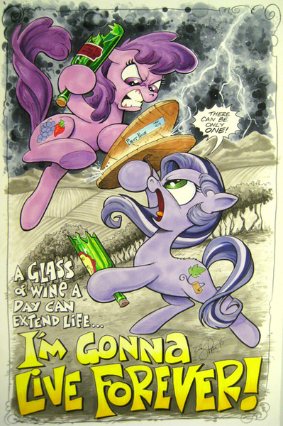 Size: 500x752 | Tagged: safe, artist:andypriceart, derpibooru import, berry punch, berryshine, oc, oc:cork dork, earth pony, pony, alcohol, andy you magnificent bastard, background pony, broken bottle, female, fight, highlander, lightning, mare, pinot noir (wine), shield, there can be only one, vinyard, wine