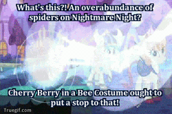 Size: 400x265 | Tagged: safe, derpibooru import, screencap, cherry berry, spider, animated, bee costume, clothes, costume, dr. bees, fail, gif, harry partridge, image, image macro, magic, meme, night, nightmare night, nightmare night costume, swarm, what's this?