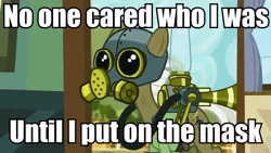 Size: 800x450 | Tagged: bane, baneposting, bloom and gloom, derpibooru import, exploitable meme, gas mask, image macro, max raid, meme, pest control pony, safe, screencap, solo, the dark knight rises