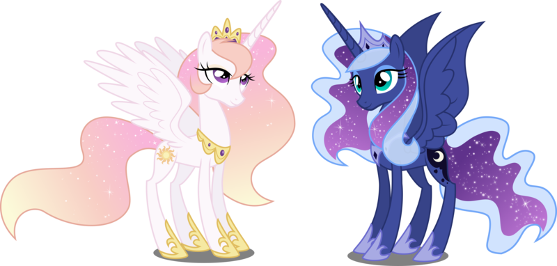 Size: 4187x2000 | Tagged: safe, artist:xebck, derpibooru import, princess celestia, princess luna, alicorn, pony, absurd resolution, alternate design, alternate hair color, alternate hairstyle, duo, ethereal mane, eyeshadow, female, makeup, mare, royal sisters, simple background, sisters, spread wings, starry mane, transparent background, vector, wings