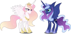 Size: 4187x2000 | Tagged: safe, artist:xebck, derpibooru import, princess celestia, princess luna, alicorn, pony, absurd resolution, alternate design, alternate hair color, alternate hairstyle, duo, ethereal mane, eyeshadow, female, makeup, mare, royal sisters, simple background, sisters, spread wings, starry mane, transparent background, vector, wings