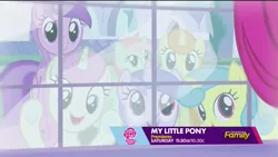 Size: 1366x768 | Tagged: safe, derpibooru import, screencap, amethyst star, cotton mint, lemon hearts, mint julep, sea swirl, seafoam, tropical sunrise, twinkleshine, pony, unicorn, canterlot boutique, background pony, female, mare, window