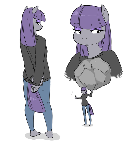 Size: 1915x2193 | Tagged: safe, artist:glacierclear, derpibooru import, maud pie, anthro, earth pony, plantigrade anthro, barefoot, bedroom eyes, boulder, clothes, feet, female, looking at you, looking back, simple background, solo, white background