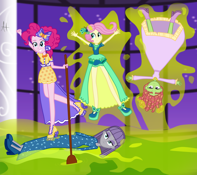 Size: 1024x910 | Tagged: dead source, safe, artist:angelitus01, derpibooru import, fluttershy, maud pie, pinkie pie, smooze, tree hugger, equestria girls, make new friends but keep discord, clothes, dress, equestria girls interpretation, equestria girls-ified, gala, gala dress, high heels, magic skirt, pumice maud, scene interpretation, shoes, skirt