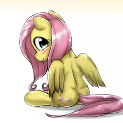 Size: 1000x1000 | Tagged: artist:ushiro no kukan, blushing, cute, derpibooru import, fluttershy, plot, safe, shyabetes, sitting, solo