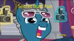 Size: 1280x720 | Tagged: camera, canterlot boutique, derpibooru import, discovery family logo, edit, edited screencap, faic, fashion plate, fashion reaction, futurama, image macro, magic, male, meme, neat, reaction image, safe, screencap, secret butt fun, shades mcgrey, solo