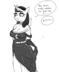 Size: 738x900 | Tagged: safe, artist:kevinsano, derpibooru import, moonlight raven, anthro, canterlot boutique, breasts, busty moonlight raven, cleavage, clothes, dialogue, dress, evening gloves, female, gloves, grayscale, monochrome, over the moon, solo, speech bubble, that was fast