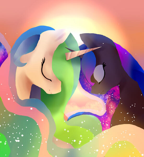 Size: 1469x1596 | Tagged: safe, artist:lucinda250, derpibooru import, princess celestia, princess luna, alicorn, pony, eyes closed, female, mare, together forever