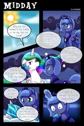Size: 1500x2249 | Tagged: angry, artist:vavacung, comic, comic:to love alicorn, derpibooru import, dialogue, filly, floppy ears, frown, glare, magic, oc, oc:liberty wing, oc:paper mache, open mouth, princess celestia, princess luna, safe, speech bubble, sun, sweat, sweatdrop, wide eyes