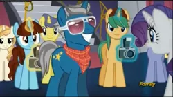 Size: 960x540 | Tagged: beanie, camera, canterlot boutique, comet tail, derpibooru import, fashion plate, goatee, hat, ponet, rarity, safe, say cheese, screencap, shades mcgrey, snapshot, sweet biscuit