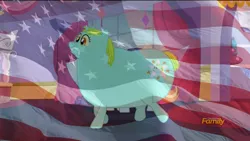 Size: 1920x1080 | Tagged: canterlot boutique, derpibooru import, edit, edited screencap, fat, incidental pony, murica, obese, rarity, safe, sassy saddles, screencap, solo, stereotype, united states, whoa nelly