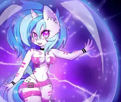 Size: 2034x1717 | Tagged: suggestive, artist:teranen, derpibooru import, vinyl scratch, anthro, belly button, belt, breasts, busty vinyl scratch, cleavage, cute little fangs, female, looking at you, no pupils, open mouth, plasma ball, solo, solo female, wingding eyes