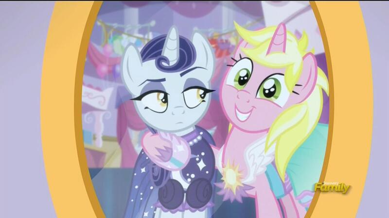 Size: 1280x720 | Tagged: safe, derpibooru import, screencap, moonlight raven, sunshine smiles, pony, unicorn, canterlot boutique, duo, female, mare, ponies standing next to each other, sisters