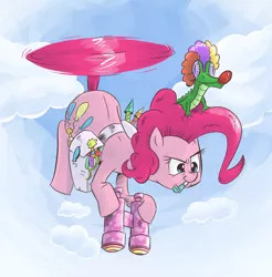 Size: 954x969 | Tagged: artist:saturdaymorningproj, binoculars, clown nose, derpibooru import, fireworks, flying, gummy, mouth hold, party horn, pinkie being pinkie, pinkiecopter, pinkie physics, pinkie pie, saddle bag, safe, tailcopter, wig