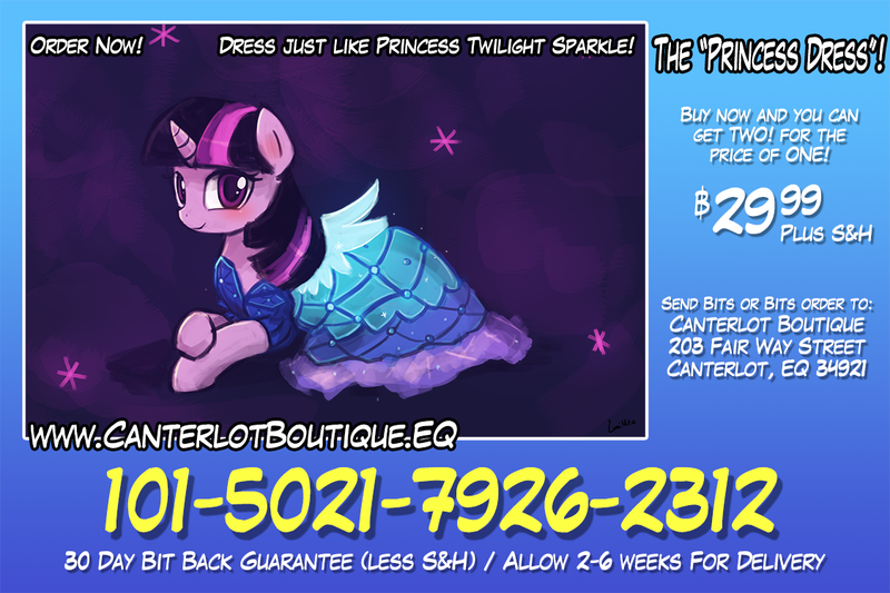 Size: 1125x750 | Tagged: safe, artist:lumineko, derpibooru import, twilight sparkle, twilight sparkle (alicorn), alicorn, pony, canterlot boutique, advertisement, blushing, clothes, cute, dress, female, infomercial, looking at you, mare, princess dress, prone, smiling, solo, that was fast, twiabetes