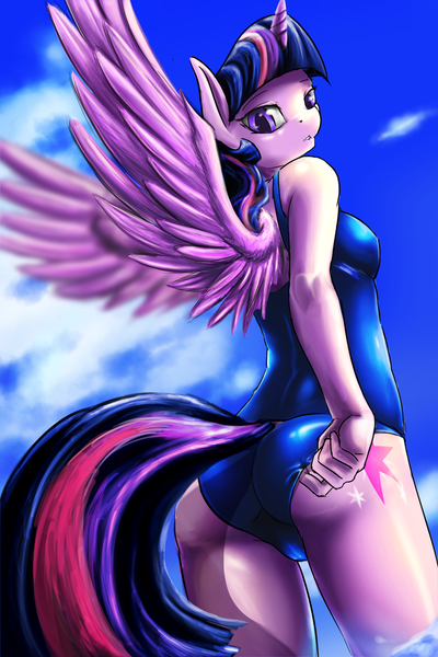 Size: 1001x1501 | Tagged: anthro, artist:d-lowell, beach, breasts, clothes, derpibooru import, female, lip bite, looking at you, looking back, one-piece swimsuit, solo, solo female, suggestive, swimsuit, twibutt, twilight sparkle, twilight sparkle (alicorn)