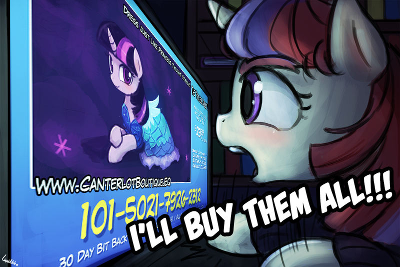 Size: 1125x750 | Tagged: safe, artist:lumineko, derpibooru import, moondancer, twilight sparkle, twilight sparkle (alicorn), alicorn, pony, canterlot boutique, advertisement, blushing, clothes, cute, dress, female, infomercial, lesbian, mare, monitor, notice me senpai, one sided shipping, open mouth, princess dress, prone, shipping, smiling, stomping, twidancer