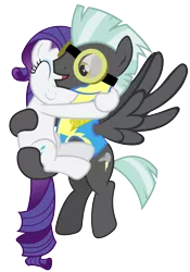 Size: 7000x10000 | Tagged: safe, artist:anxet, derpibooru import, rarity, thunderlane, pegasus, pony, absurd resolution, carrying, clothes, duo, eyes closed, female, flying, goggles, hug, lead pony badge, male, mare, rarilane, shipping, simple background, smiling, stallion, straight, transparent background, uniform, vector, wonderbolt trainee uniform
