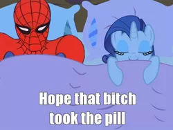Size: 450x338 | Tagged: 60s spider-man, bed, derpibooru import, image macro, meme, on bed, pill, rarity, spider-man, suggestive, text