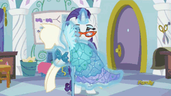 Size: 500x281 | Tagged: safe, derpibooru import, screencap, rarity, pony, canterlot boutique, animated, assembly line, bipedal, clothes, discovery family, discovery family logo, dress, frown, glasses, hoof hold, magic, mannequin, princess dress, solo, telekinesis