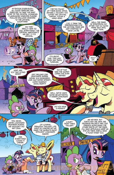 Size: 900x1384 | Tagged: safe, artist:andypriceart, derpibooru import, idw, flam, flim, spike, twilight sparkle, twilight sparkle (alicorn), alicorn, pony, siege of the crystal empire, spoiler:comic, spoiler:comic34, crystal empire, crystal fair con, flim flam brothers, idw advertisement, preview, super speedy cider squeezy 6000