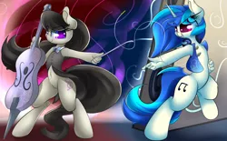 Size: 3800x2350 | Tagged: anthro, artist:madacon, backwards cutie mark, belly button, bottomless, cello, clothes, derpibooru import, headphones, musical instrument, octavia melody, safe, semi-anthro, speakers, unguligrade anthro, vest, vinyl scratch