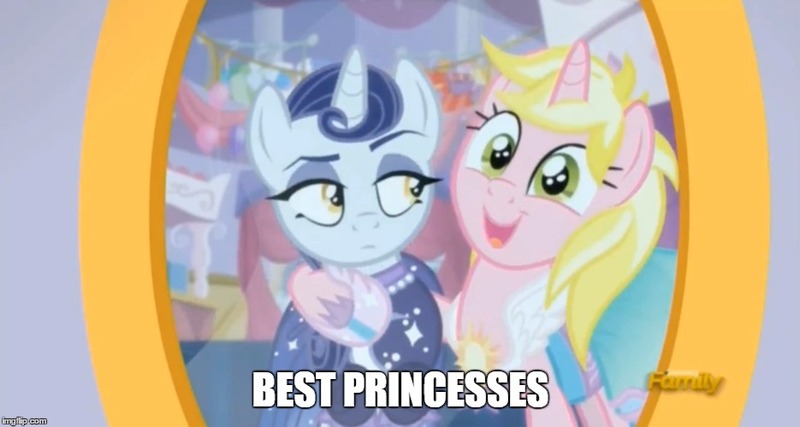 Size: 935x499 | Tagged: safe, derpibooru import, screencap, moonlight raven, sunshine smiles, pony, unicorn, canterlot boutique, best princess, caption, duo, female, hug, mare, mirror, sisters