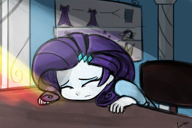 Size: 1125x750 | Tagged: safe, artist:lumineko, derpibooru import, rarity, canterlot boutique, equestria girls, boutique depression, cute, equestria girls interpretation, eyes closed, faceplant, frown, scene interpretation, solo, tired