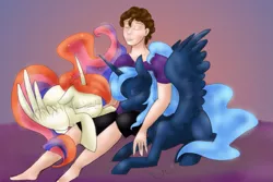 Size: 1037x693 | Tagged: artist:amber flicker, cuddling, derpibooru import, human, princess celestia, princess luna, queen celestia, queen luna, safe, sleeping, snuggling, techdragon