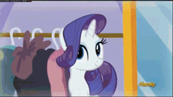 Size: 640x360 | Tagged: safe, derpibooru import, screencap, rarity, sweet biscuit, pony, unicorn, canterlot boutique, animated, background pony, clothes, cute, dancing, discovery family logo, dress, eyes closed, female, happy, mare, mirror, princess dress, smiling, umbrella