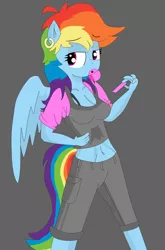 Size: 2176x3296 | Tagged: abs, anthro, artist:artistbrony, belly button, bra strap, breasts, bubblegum, cleavage, clothes, derpibooru import, earring, female, looking at you, piercing, rainbow dash, safe, solo, sweatpants, tanktop