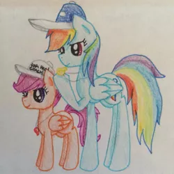 Size: 815x815 | Tagged: artist:rainbowrules, baseball cap, coach, cute, cutealoo, derpibooru import, hat, hoof hold, rainbow dash, rainbow dashs coaching whistle, safe, scootaloo, scootalove, smiling, smirk, sports, traditional art, whistle, whistle necklace