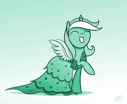 Size: 1178x973 | Tagged: safe, artist:dori-to, derpibooru import, lyra heartstrings, pony, unicorn, comic:silly lyra, canterlot boutique, clothes, comic, cute, dress, eyes closed, female, green background, greenscale, grin, lyrabetes, mare, monochrome, princess dress, raised hoof, silly lyra, simple background, solo